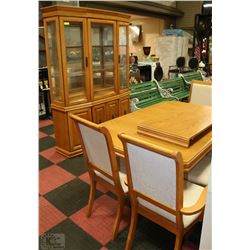 OAK TABLE WITH LEAF, 6 CHAIRS, BUFFET AND HUTCH