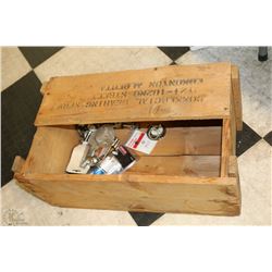 VINTAGE WOOD CRATE WITH FEW CONTENTS