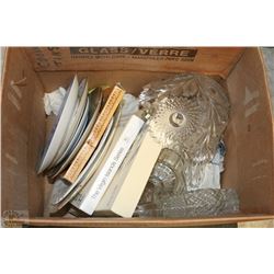 BOX WITH MISC.CANDY DISHES, COLLECTOR PLATES,