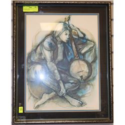 FRAMED & DOUBLE MATTED LADY PLAYING BANJO