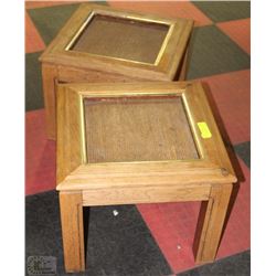 SET OF SOLID WOOD END TABLES WITH WICKER DESIGN