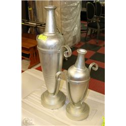 2 NEW SILVER TALL VASES WITH METAL STANDS