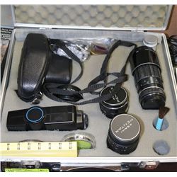 PENTAX K1000SE CAMERA WITH 3 LENSES AND OTHER