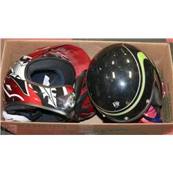 BOX WITH ASSORTED YOUTH /ADULT HELMETS INCL BIKE