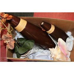 BOX WITH MISC INCL CONCH AND 2 DECORATIVE CYLINDER