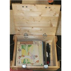 WOOD AMMO BOX WITH RECORD COLLECTION