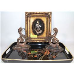 FANCY BLACK SERVING TRAY W/ ORIENTAL DESIGN AND