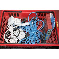 RED CRATE FULL OF EXTENSION CORDS, NOMA