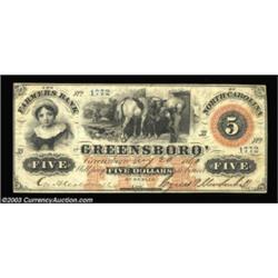 Greensboro, NC- Farmers Bank of North Carolina $5 Aug. 20, 1860 G6a Pennell 750A nice high grade exa
