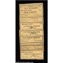 Raleigh, NC- City of Raleigh 5¢, 10¢, 15¢ (3), 25¢ (2) April 10, 1862Seven pieces, including the 15¢