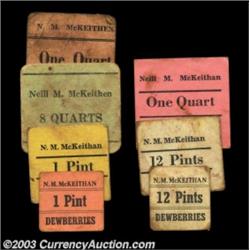 Unknown Location, NC- N.M. McKeithan Seven cardboard dewberry chits, all payable in either pints or