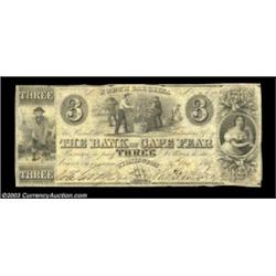 Wilmington, NC- The Bank of Cape Fear $3 Nov. 2, 1852 G52 Pennell 50An exceptionally scarce note whi