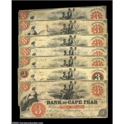 Wilmington, NC- The Bank of Cape Fear $3 (7) G56, G58, G176, G176a, G390, G390a, G498 Pennell 40B, 4