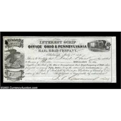 Pittsburgh Railroad Scrip.Pittsburgh, PA - Ohio & Pennsylvania Rail Road Co. $3.05 July 1, 1856 Inte