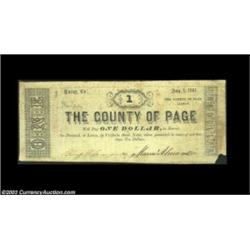 Luray, VA- County of Page $1 Aug. 1, 1861 Jones CP01-02A full size issue which is a very scarce coun