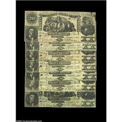 Group of Seven T20 $20 1861s. The five genuine notes are cut-cancelled, while the two contemporary c