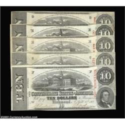 T59 $10 1863. A group of five notes, all cut cancelled, and ranging in grade from Very Fine to Extre