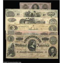Assorted Confederate Type Notes. Included are a T36 $5 1861 (Fine-VF, CC), T39 $100 1862 (XF), T41 $