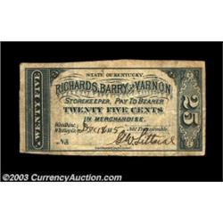Woodbine, KY- Richards, Barry & Varnon 25¢ Dec. 18, 1885 Hughes UNLAn excessively rare piece of Kent