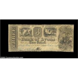 Lyons, NY- The Bank of Lyons $3 March 20, 1840 G6A nice evenly circulated $3. Fine.  Important notic