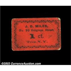 Troy, NY- J.D. Miles 1¢, 3¢ Harris UNLTwo cardboard chits, one orange, one green, from this issuer.