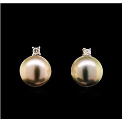 Pearl and Diamond Earrings - 14KT Yellow Gold