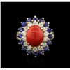 Image 2 : 14KT White Gold 3.70 ctw Coral, Sapphire and Diamond Ring