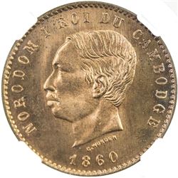 CAMBODIA: Norodom I, 1860-1904, AE 10 centimes, 1860. NGC PF65