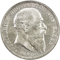 BADEN: Friedrich I, 1856-1907, AR 5 mark, 1907. BU