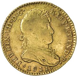 SPAIN: Fernando VII, 1808-1833, AV 2 escudos (6.71g), 1811-crowned C. F-VF