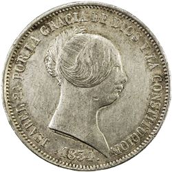 SPAIN: Isabel II, 1833-1868, AR 20 reales (25.87g), Madrid, 1854. EF-AU