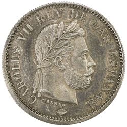 SPAIN: Carlos VII, Pretender, 1872-1875, AR 5 pesetas pattern, 1874