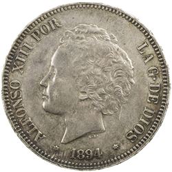 SPAIN: Alfonso XIII, 1886-1931, AR 5 pesetas, 1894 (94). EF