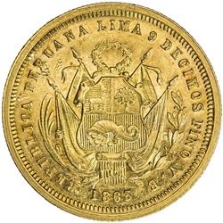 PERU: AV 5 soles (8.07g), Lima, 1863. AU