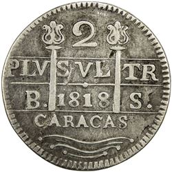 VENEZUELA: Fernando VII, 1808-1821, AR 2 reales (4.77g), Caracas, 1818. VF-EF