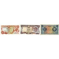 Central Bank of Cyprus, 1964-1996 Issue Banknote Trio.