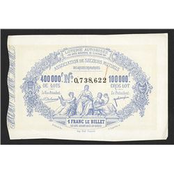 French Lottery Ticket  Association De Secours Mutuels, 1881 Lottery Ticket.