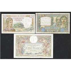 Banque de France, 1937-41 Issue Banknote Trio.