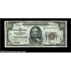 Fr. 1880-L $50 1929 Federal Reserve Bank Note. Very Fine. This example has a top to bottom gutter fo