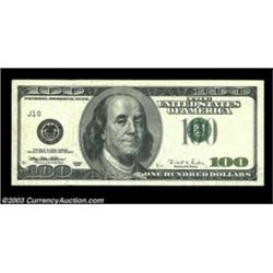 Fr. 2175-J $100 1996 Federal Reserve Note. Extremely Fine-About Uncirculated. This note is missing t