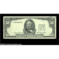 Fr. 2121-D $50 1981A Federal Reserve Note, About Uncirculated. Third printing on the reverse, a scar