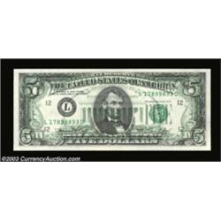 Fr. 1973-L $5 1974 Federal Reserve Note. Gem Crisp Uncirculated. A dark full 100% back on face offse