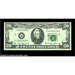 Fr. 2072-D $20 1977 Federal Reserve Note. Choice Crisp Uncirculated. A nice moderately dark 100% fac