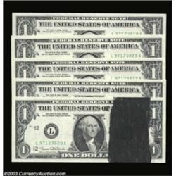 Fr. 1907-L $1 1969D Federal Reserve Notes. Gem Crisp Uncirculated. A group of five consecutive notes