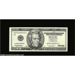 Fr. 2083-B $20 1996 Federal Reserve Note. Extremely Fine. The green Treasury seal failed to print.