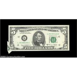 $5 Fed Error Pair.Fr. 1972-L $5 1969C Federal Reserve Note Gem CU, small butterfly fold in the lower