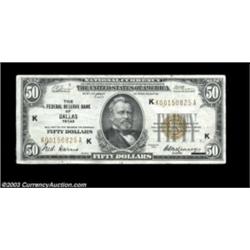 Fr. 1880-K $50 1929 Federal Reserve Bank Note. Very Fine.A tough Dallas district note in any grade.