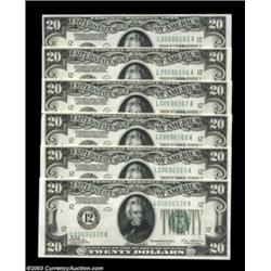 Fr. 2050-L $20 1928 Federal Reserve Notes. Cut Half Sheet of Six. Choice-Gem Crisp Uncirculated.A lo