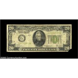 Fr. 2053-G $20 1928C Federal Reserve Note. Very Good.The bottom-right corner tip is missing, but thi