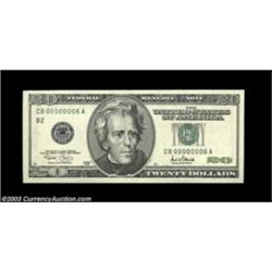 Fr. 2087-B $20 2001 Federal Reserve Note. Gem Crisp Uncirculated.Single digit serial number CB 00000